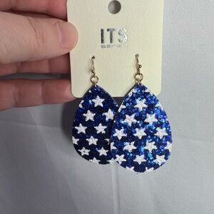ITS Sense Fashion Dangle Earrings Blue with White Stars for Pierced Ears NWT